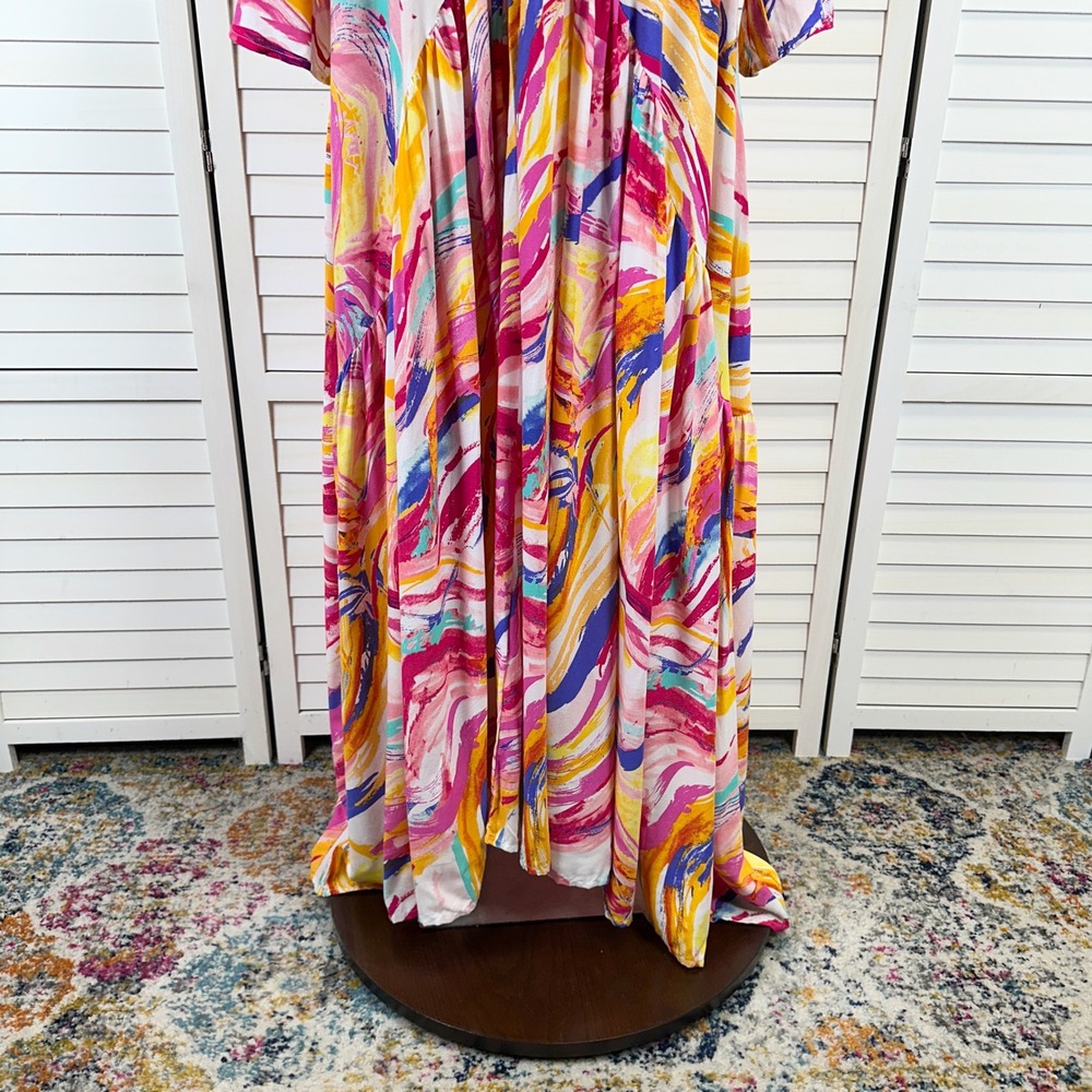 New Loralette Valerie Dress Maxi Multicolor Abstract V Neck Women's Size 16 - Picture 4 of 12
